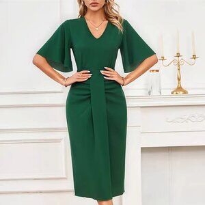 Finland V design dress lotus sleeve waist twist solid color